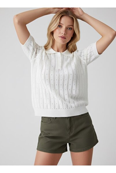 Arbucky Women's Buttoned Polo Collar Openwork Basic Knitwear Blouse