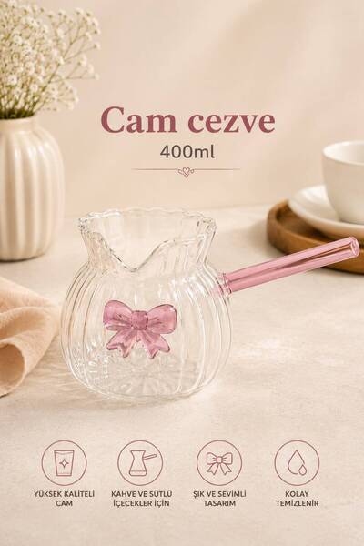 HAZARPAZAR Fiyonk Pembe Cam Cezve | Söz Cezvesi - Nişan Cezvesi 400ml