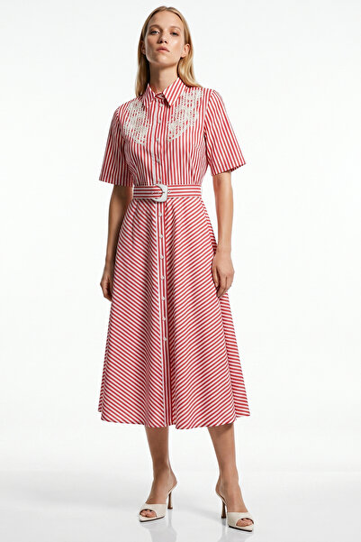 Exquise Belted Striped A-Line Shirt Dress with Embroidery Detail