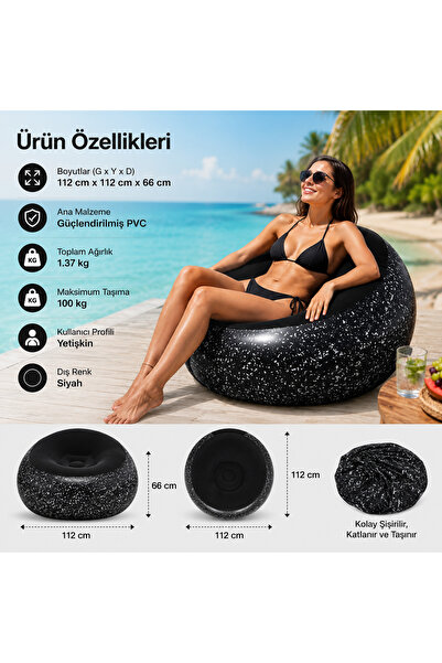 Altınkayaticaret Şişme Armut Koltuk Yetişkin Tek Kişilik Siyah PVC Hava Koltu...