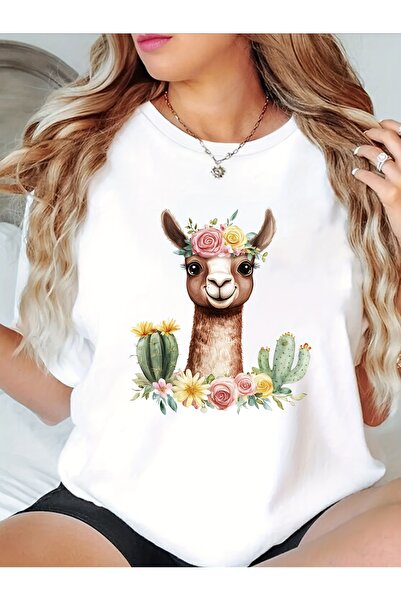 BASEPULSE A Solid Color T-Shirt with an Alpaca Print a Round Neck, Perfect fo...