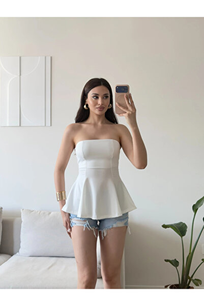 Zoom Butik Volanlı Straplez Bluz - BEYAZ