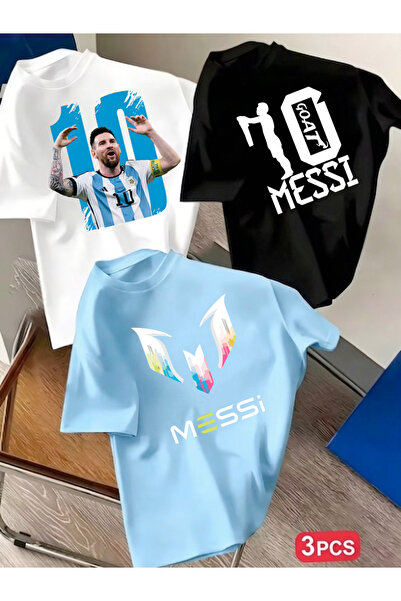 STİL-X New Season Messi Printed 3-Piece Set Boys' T-Shirt, 100% Cotton Soft F...