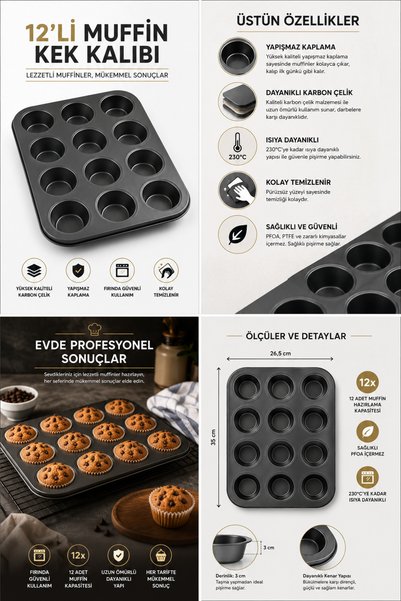Evsun Home Collection 12 Bölme Metal Muffin Kalıbı