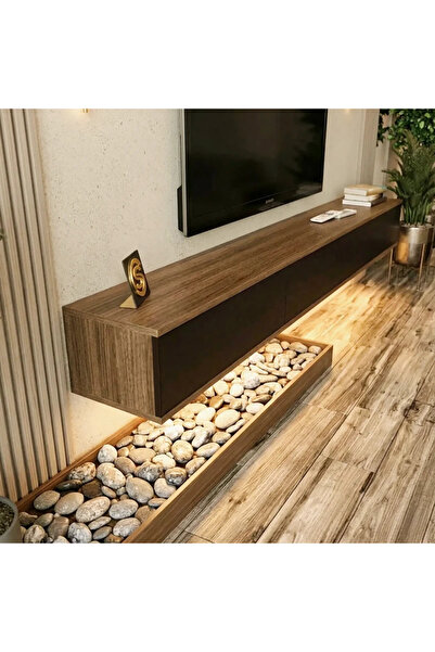 Stylish Home Modern Brown and Black Suspended Tv Table with Charging Light an...