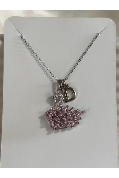 bijoux uniques 316L Steel Pink Zircon Stone Swan D Letter Necklace