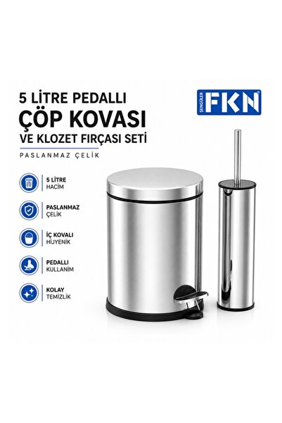 FKN 5 Litre Pedallı Çöp Kovası ve Klozet Fırçası Seti Paslanmaz Çelik İç Kova...