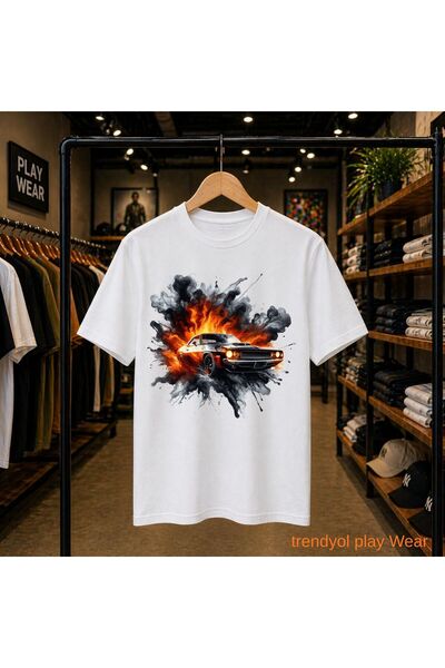playwear Tricou cu imprimeu Smoke Flame, 100% bumbac, supradimensionat, cu cr...