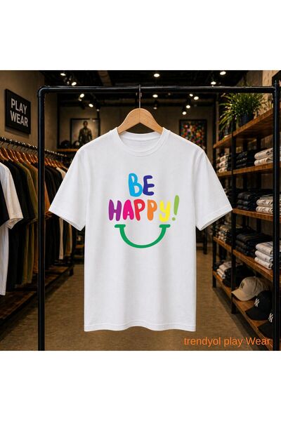 playwear Be Happy Printed 100% Cotton Oversize Loose Regular Fit Crew Neck T-...