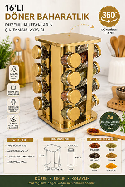MAKRİ HOME 16-Piece Square Gold Color 360 °   Spice Rack Set with Rotatable M...