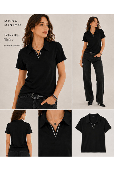 Moda Minimo Women's Polo Neck T-Shirt Short Sleeve Polo T-Shirt Striped Polo Neck Summer Cotton T-Shirt Blouse Body