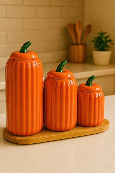 Woodcept. 3-Piece Stand-Ready Orange Lidded Striped Porcelain Jar Storage Set...