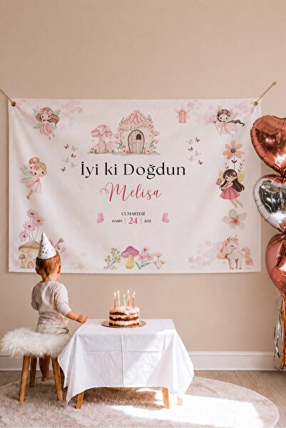 Lilabio Kişiye Özel Doğum Günü Duvar Afişi Örtüsü 100x120 Cm Büyük Boy Periler