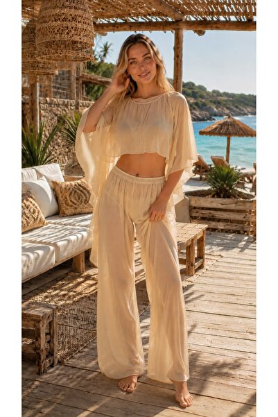 HAZAL KAYA ATELIER Beige Lux Chiffon Fabric Blouse and Pants Beach Wear 2-Pie...