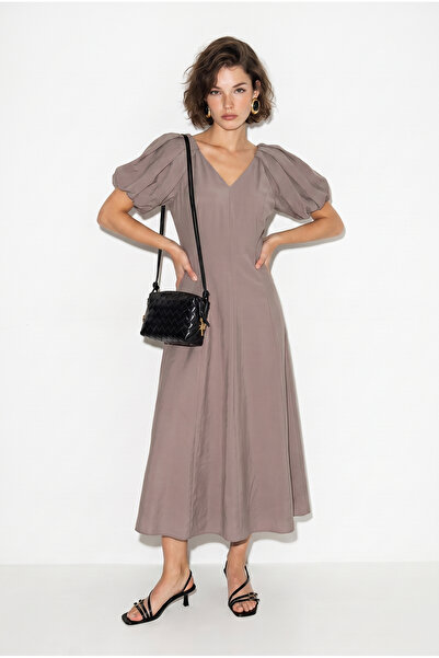 Bianco Lucci Women's V-Neck Waist Fitted Balloon Sleeve Midi Modal Dress 2796...