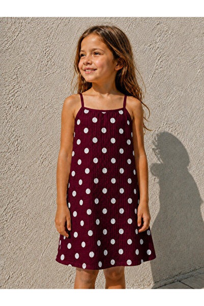 haha Girl's Thin Straps Wrinkled Polka Dot Summer Dress