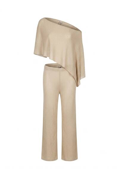 AQUELLA Asymmetrical Gold Cape Trouser Set