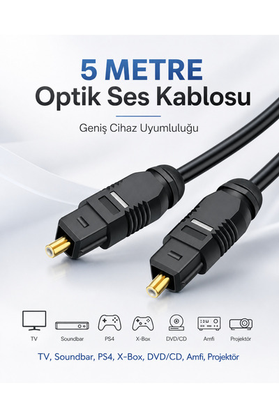 Derwell 5 METRE Optik Ses Kablosu Toslink Dijital Fiber Ev Sinema Soundbar Uy...
