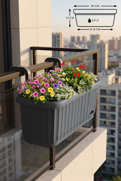 ToXA 5.9 Litre Antrasit Askılı Sütun Balkon Saksı Çizgi Desenli Hazneli Mat P...