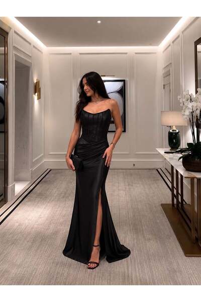 Modafeminen Rochie de seară neagră cu bretele din șnur, corsaj brodat cu mărg...