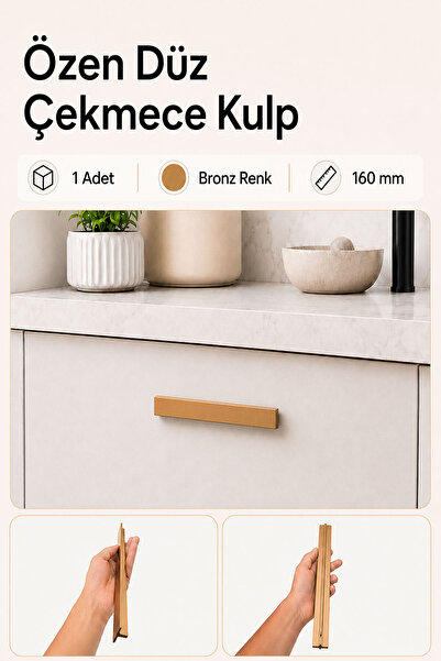 Badem10 Özen Düz Bronz Metal Çekmece Kulpu 160 mm Mobilya Dolap Kapak Kulp Mu...