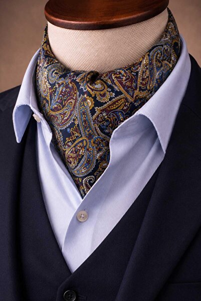 Kravatkolik Burgundy Navy Blue Shawl Pattern Italian Silk Ascot Tie Sac81
