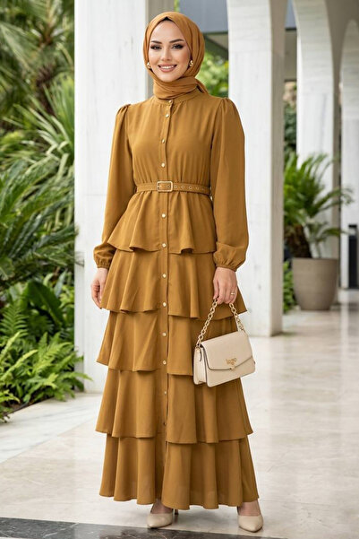Neva Style Rochie Hijab verde ulei, cu detalii în straturi, din crep importat...
