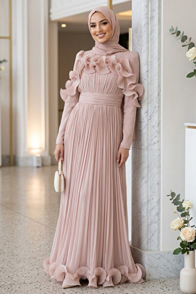 N.S NEVA STYLE Sparkling Powder Ruffled Pleated Hijab Evening Dress 55691Pd