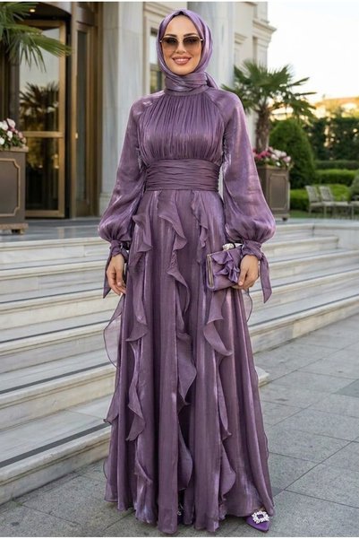 N.S NEVA STYLE فستان سهرة إسلامي مزين بالكشكشة والزهور المجففة اللامعة 48532GK