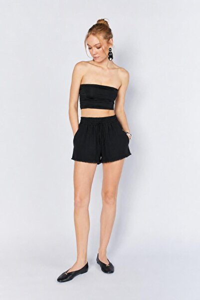 TENA Women's Black Elastic Waist Tasseled Short Shorts