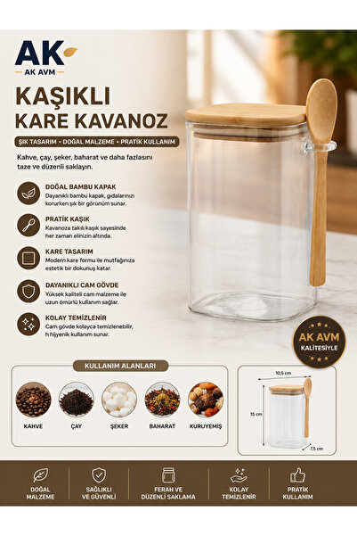 Ak Avm 600 ML Kaşıklı Kare Kavanoz Bambu Kapaklı Vakumlu Saklama Kavanozu Bah...