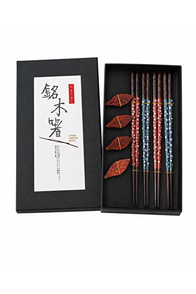 valkyrie 4 Çift Doğal Ahşap Yemek Çubuğu Seti 8 Adet Japon Chopstick 4 Yaprak...