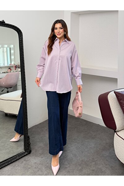 MiraMore Butik Kadın Dikey Çizgili Gömlek Yaka Uzun Kollu Gömlek
