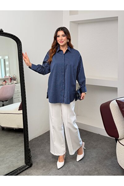 MiraMore Butik قميص نسائي مخطط عموديًا بياقة وأكمام طويلة
