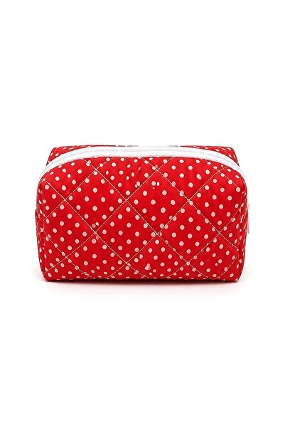 SHAKA Red Polka Dot Patterned Shk114 Quilted Zippered Makeup Bag
