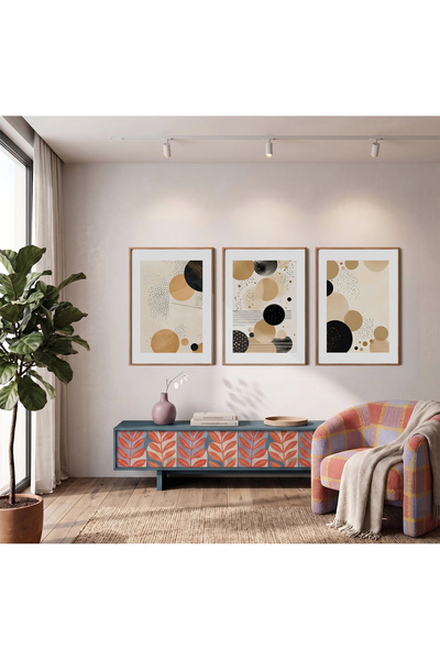 KOLAJTASARIM Set de 3 tablouri cu ramă din lemn — Tablouri abstracte cu cercu...