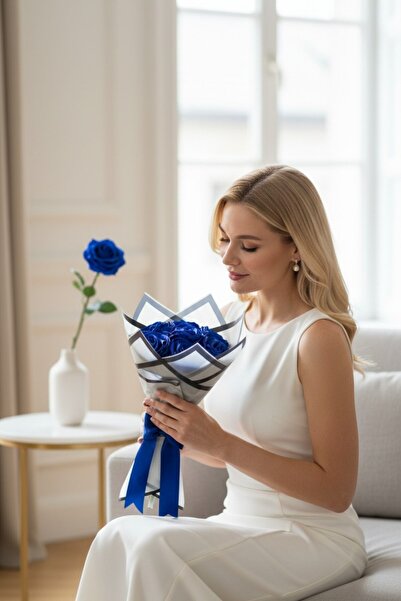 AXWELL Navy Blue Rose Bouquet, Made from 7 Ribbons, Colorfast Flower, Handmade