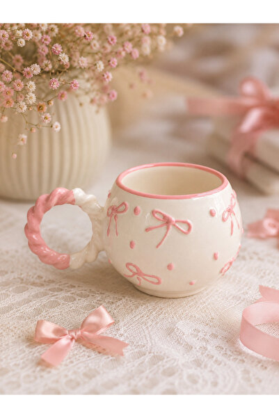 İZart Knitted Bubble Pink Bow Patterned Special Embossed Fully Handmade Ceram...
