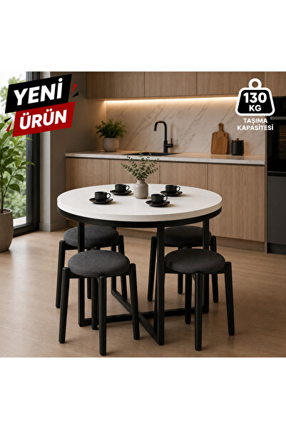 EDMONDA EV AKSESUAR ATLAS YUVARLAK 90 CM PUFLU 4 KİŞİLİK MASA TAKIMI BALKON M...