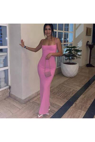 MAESTRO WOMAN Kadın Pembe Esnek Dar Kalıp Askılı Uzun Elbise