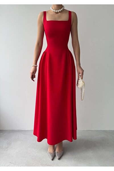 Femistik Women's Square Neck Thick Strap Pleated Flared Evening Dress Casual ...