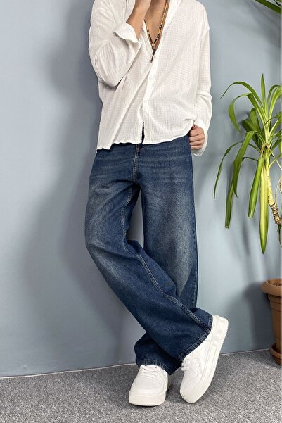 Alışveriş Sokağı Navy Blue Stonewashed Baggy Fit Jeans - Denim Trousers