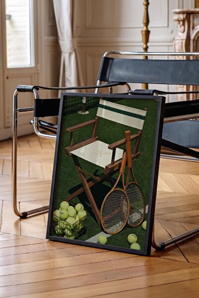 Postifull Poster cu rachetă de tenis și scaun, poster cu ramă neagră, seria O...