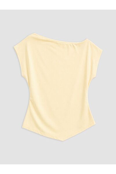 LC Waikiki Lcwaikiki Curve Yellow Boat Neck Plus Size Gathered Blouse