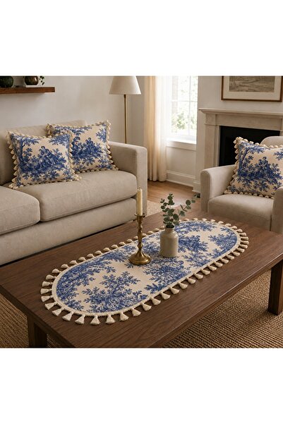 Luxoras Home Lacivert Fransız Köylü Desenli Duck Kumaş 30x80 Püsküllü Oval Ru...
