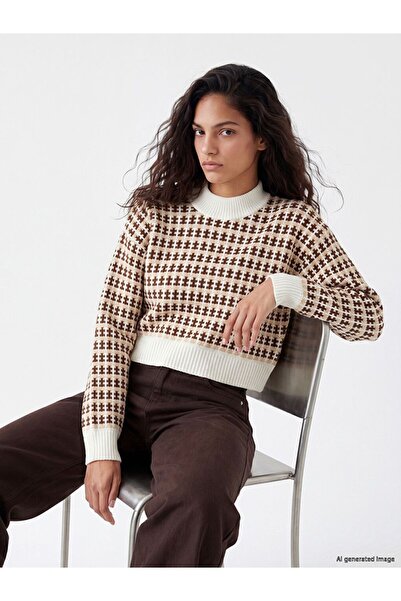 LC Waikiki Xside Brown Half Turtleneck Patterned Women's Knitwear Sweater