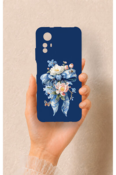 Vip Case Redmi Note 12S Uyumlu Mavi Kurdeleli Çiçek Desenli Silikon Kılıf