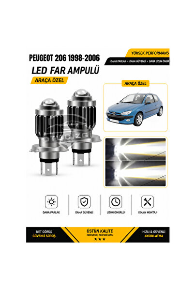 Oto Çizgi Peugeot 206 1998-2006 H4 LED Far Ampulü Beyaz Işık Canbus Mini Lens...