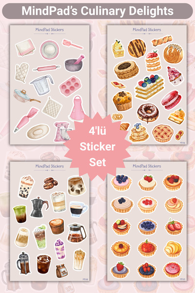 Mindpad 4'lü Culinary Delights Sticker Seti – Mutfak, Tatlı ve Kahve Temalı D...
