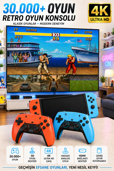 Zineets 30000 Pro Klasik Oyunlu Kablosuz Atari Retro Oyun Konsolu Ps5 Görünüm...